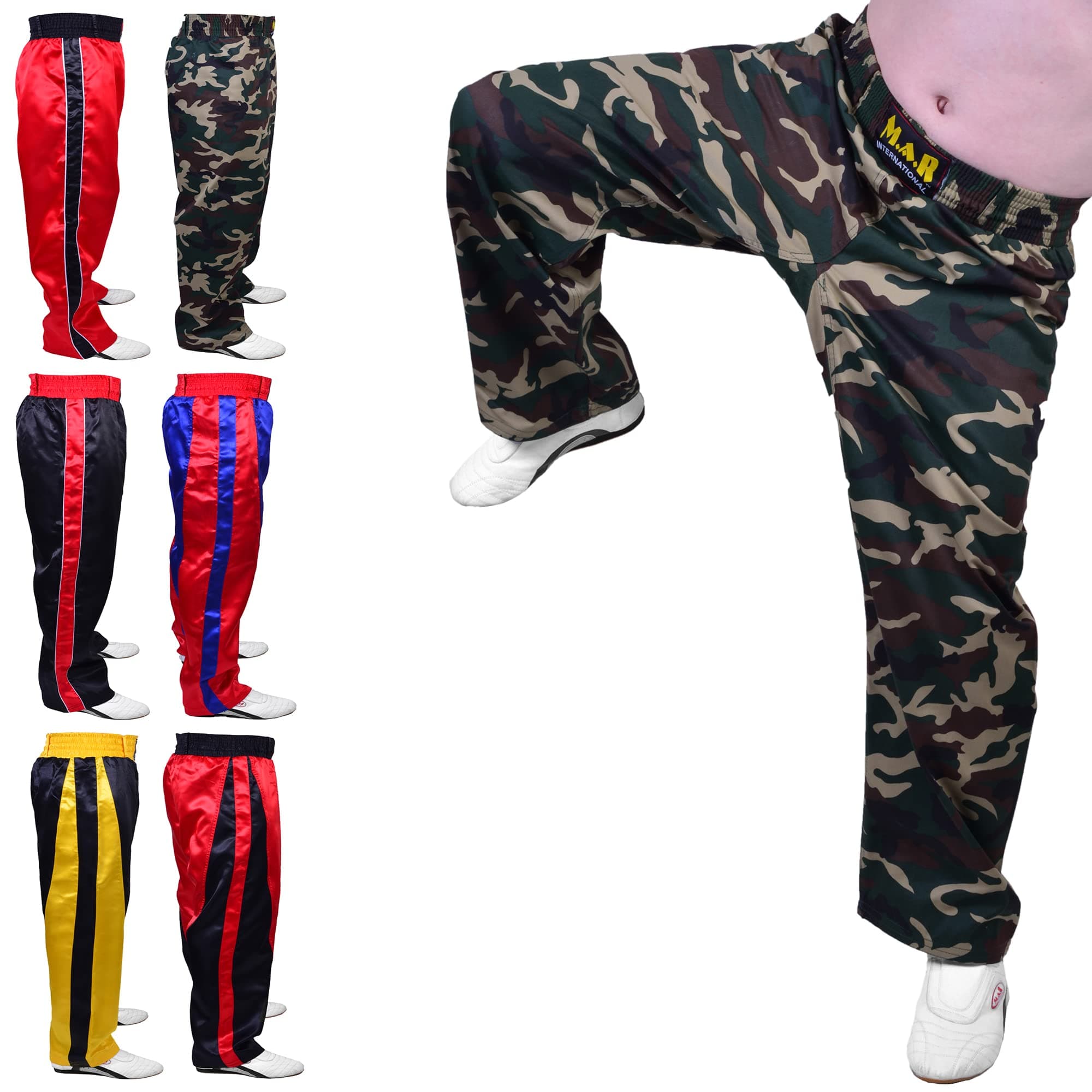 MAR | Full Contact Designer Trousers, Tracksuit Bottoms; Boxing, Thai, Fitness, Kickboxing & Karate Pants; Polyester Satin Fabric, Elasticated Drawstring Waistband Pants