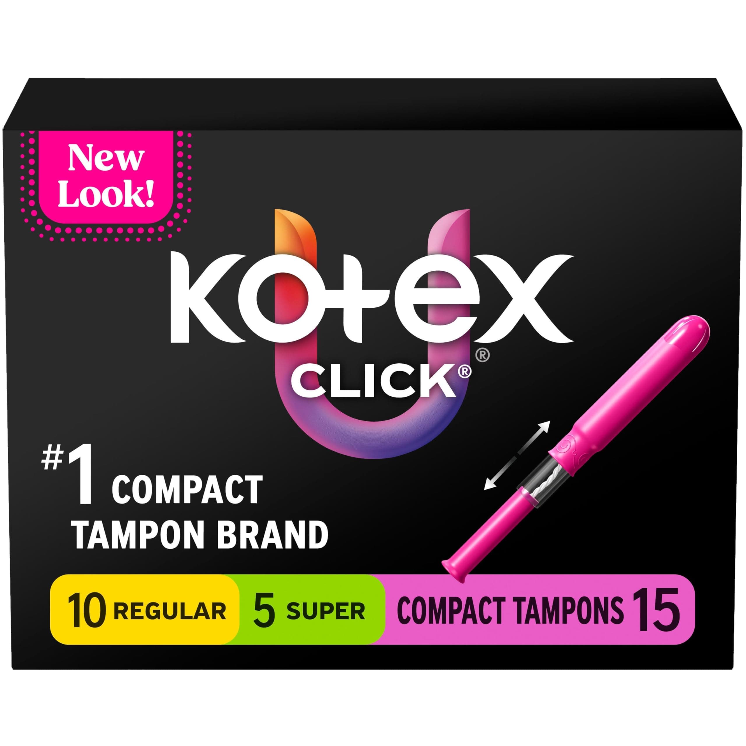 U by Kotex Click Multipack Tampons, Compact, Regular/Super Absorbency, Unscented, 120 Count (8 Packs of 15) (Packaging May Vary)