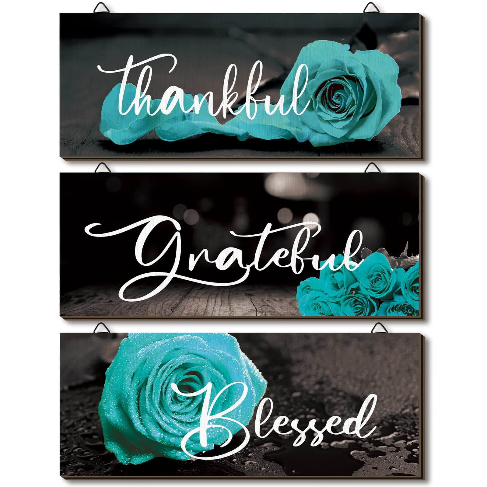 Hillban 3 Pieces Rose Wooden Wall Decor Thankful Grateful Blessed Wooden Signs Inspirational Wall Art Signs Wedding Wall Decor for Room Kitchen Bathroom (Teal,10 x 4 Inch)