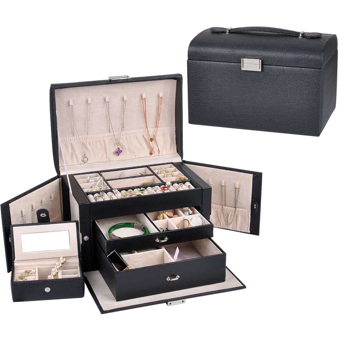 NirongLavie NIRONG LAVIE Women's Jewelry Box, Girls Jewelry Organizer with Mini Jewellery Case, Lockable Jewelry Travel Case, Faux Leather Vintage Gift Box, Medium Size (Black)