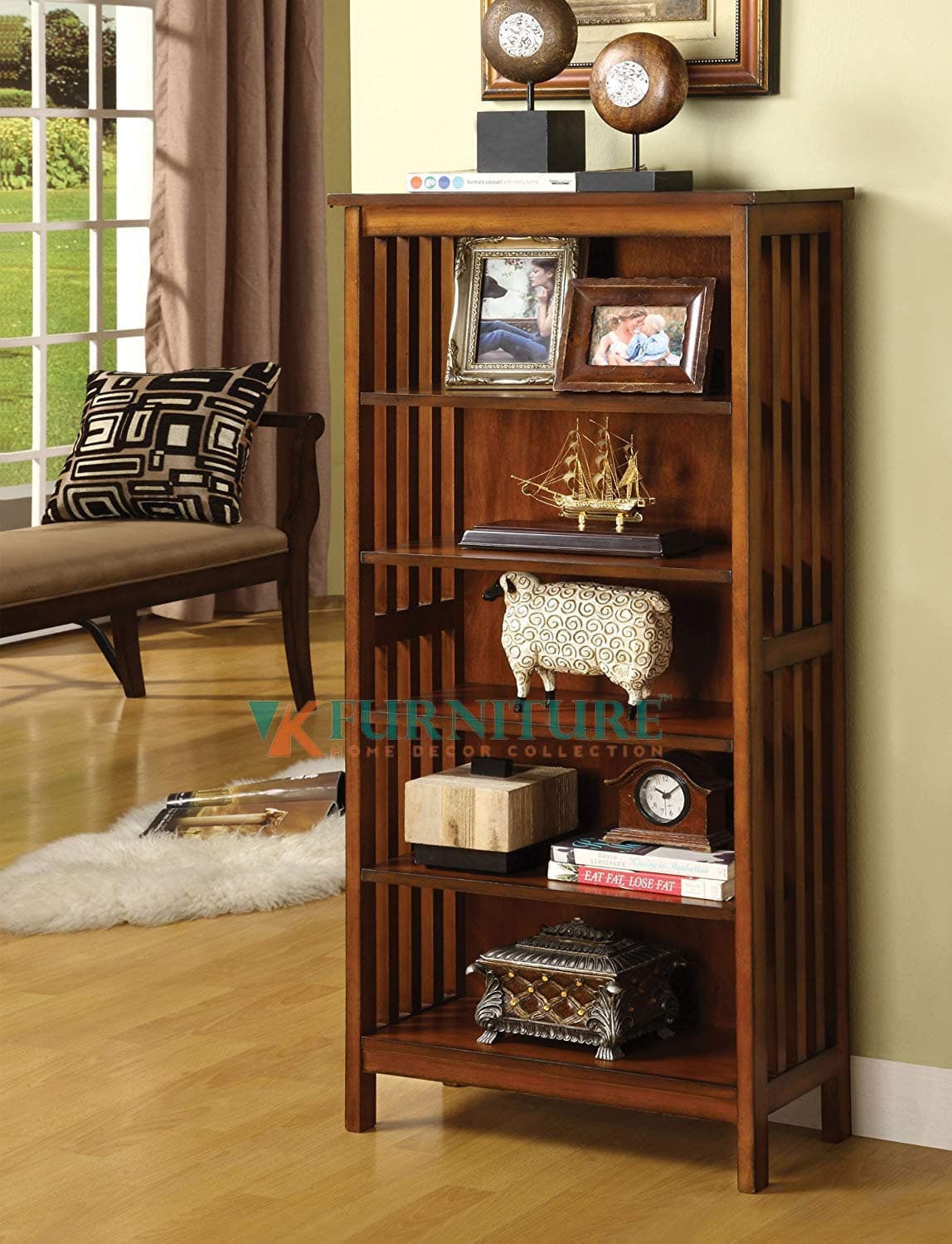 VK Furniture Sheesham Wood Book Shelf for Living Room Study room Library with 5 Shelves - (Oak Finish, Brown)
