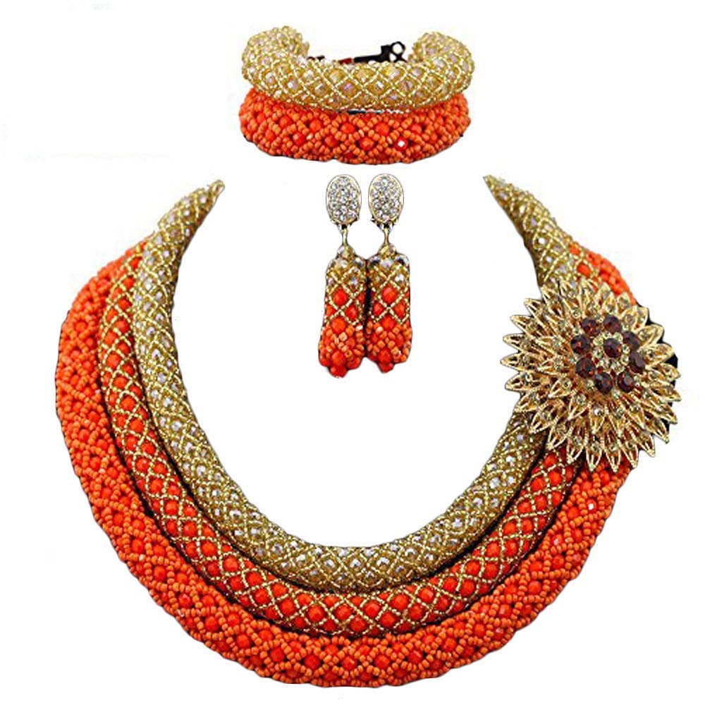 Hibeads3 Rows Handmade Nigerian African Crystal Beads Jewelry Set Costume Bridal Necklace (Gold and orange)