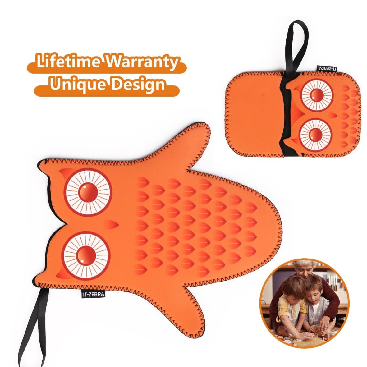 Kitchen Oven Mitts Gloves Cute Pot Holder Gift Set – Non Slip Funny Flame Retardant Play Heat Resistant Machine Washable Neoprene Made for Baking Cooking Grilling Barbecue (Set of 2) – Orange Owl