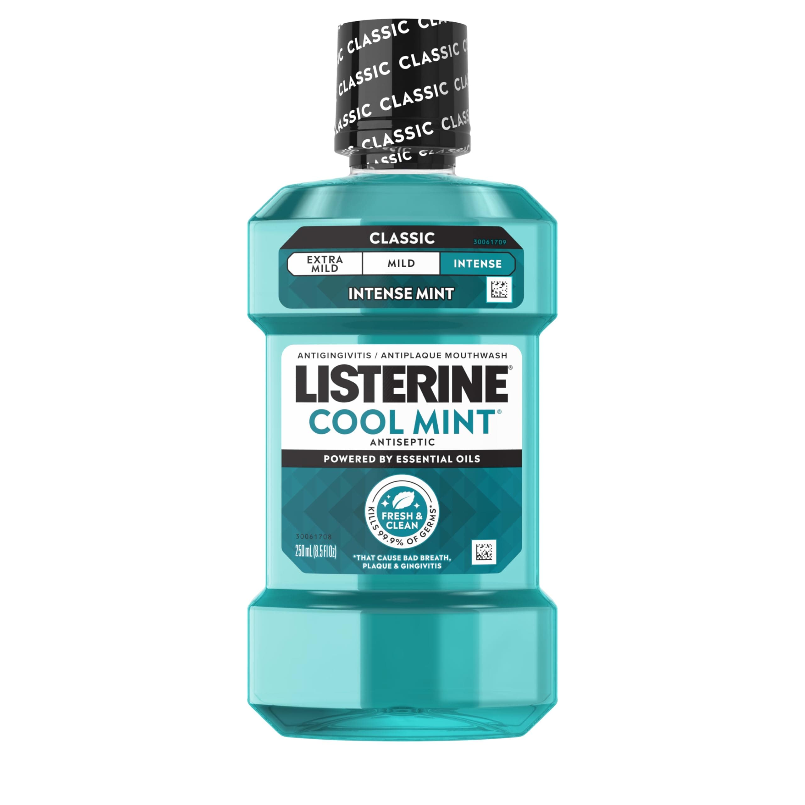 Listerine Cool Mint Intense Antiseptic Mouthwash, Daily Oral Rinse Kills 99.9% of Germs That Cause Bad Breath, Plaque and Gingivitis. for a Fresh, Clean Mouth, Intense Mint Flavor, 250 mL/ 8.5 Fl.Oz.