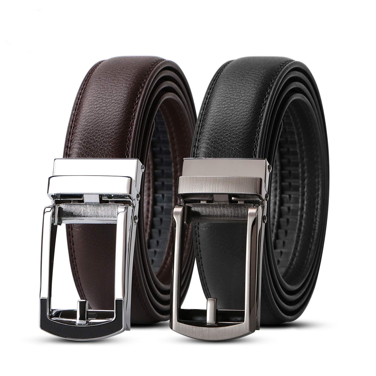 Set of 2 Leather Ratchet Dress Belt for Men with Automatic Buckle