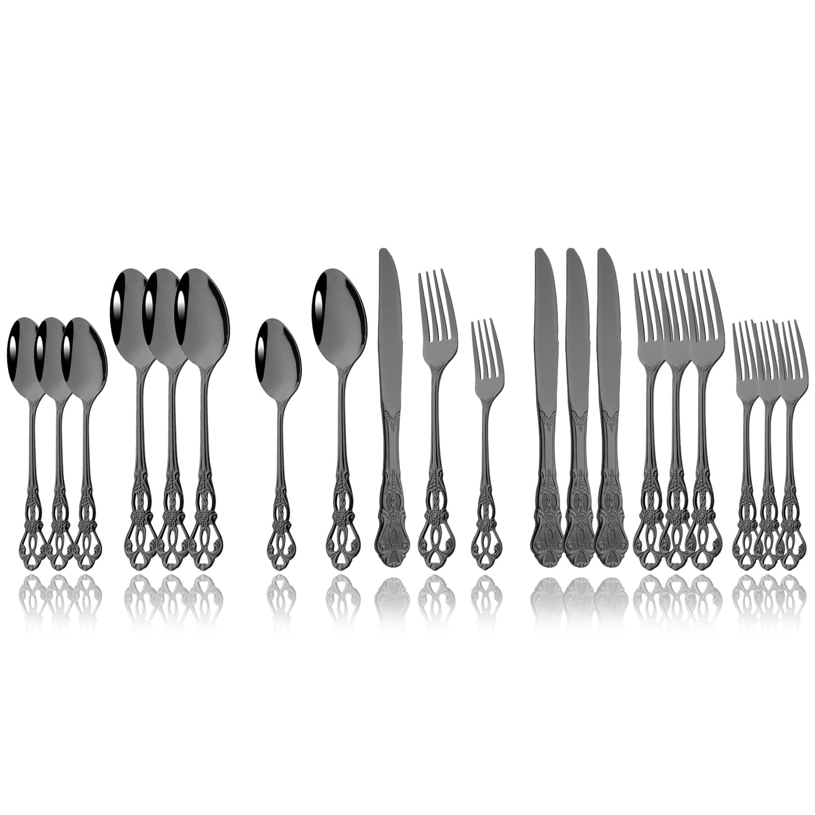 JASHII 304 Stainless Steel Flatware Set Royal Antique Style Eating Utensils 20pcs Service for 4 Black Tableware With Knife Spoons Forks Set, Mirror Polished, Dishwasher Safe