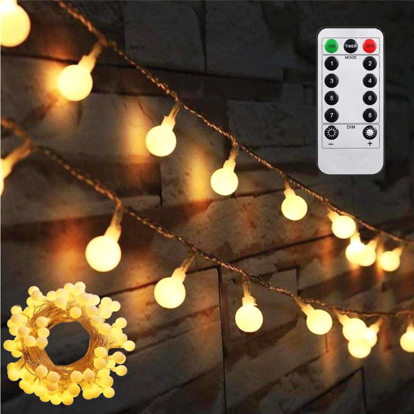 AMARS 33ft Battery Operated Globe String Lights with Remote & Timer - 80 LED Waterproof Fairy Lights, 8 Modes for Indoor/Outdoor Bedroom, Wedding, Camping, Canopy Decor (Warm White)