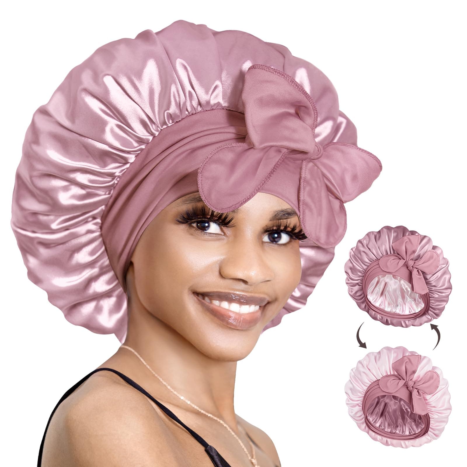 BONNET QUEEN Silk Hair Wrap Reversible Double Layer Satin Tie Sleep Night Cap for Curly Hair Tan Pink