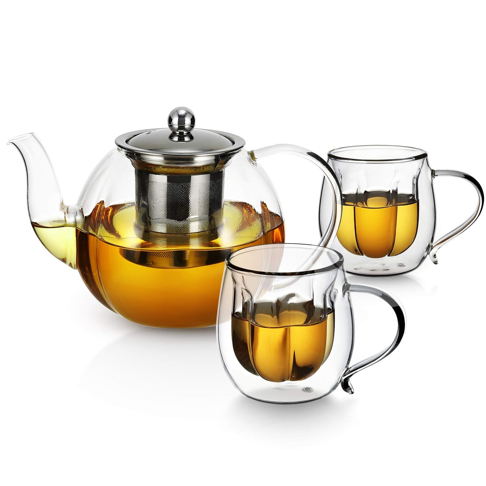 Vevok Chef 1L Borosilicate Glass Teapot with 2 Flower Shaped Glass Tea Cups Set, Heat-Resistant Tea Pot with Stainless Steel Infuser Filter, Stovetop Safe Kettle for Loose Leaf, Blooming Tea or Coffee