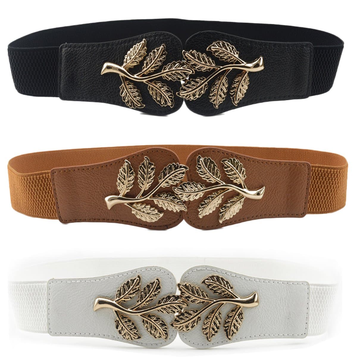 Womtop Woman Waist Belt Elastic Stretch Vintage Dress Belt 3 PCS Cinch Belt with Fashion Metal Interlock Buckle (Leaf (Black+White+Brown), Free)