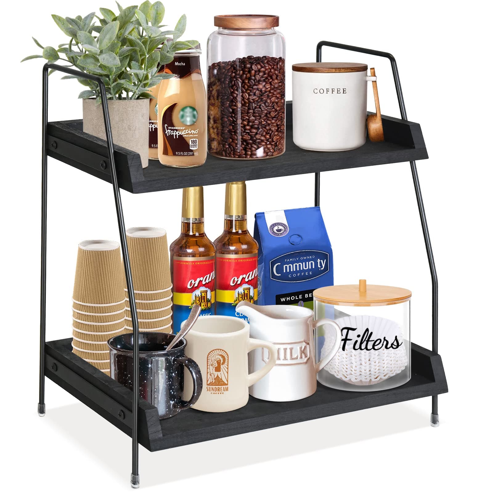 Coffee Bar Accessories and Organizer Countertop, Coffee Station Organizer Kitchen Counter Shelf Organizer,Coffee Condiment Storage,Cup Lid Holder Countertop Shelf for Bathroom (Black)