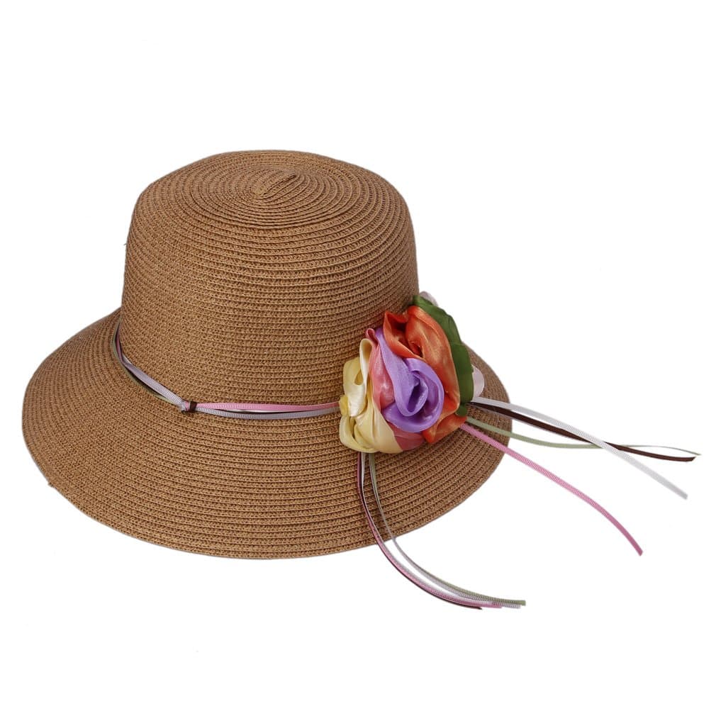 Bigood Floppy Bowler Derby Hat Wide Brim Straw Cap Sun Flower Ribbon Brown