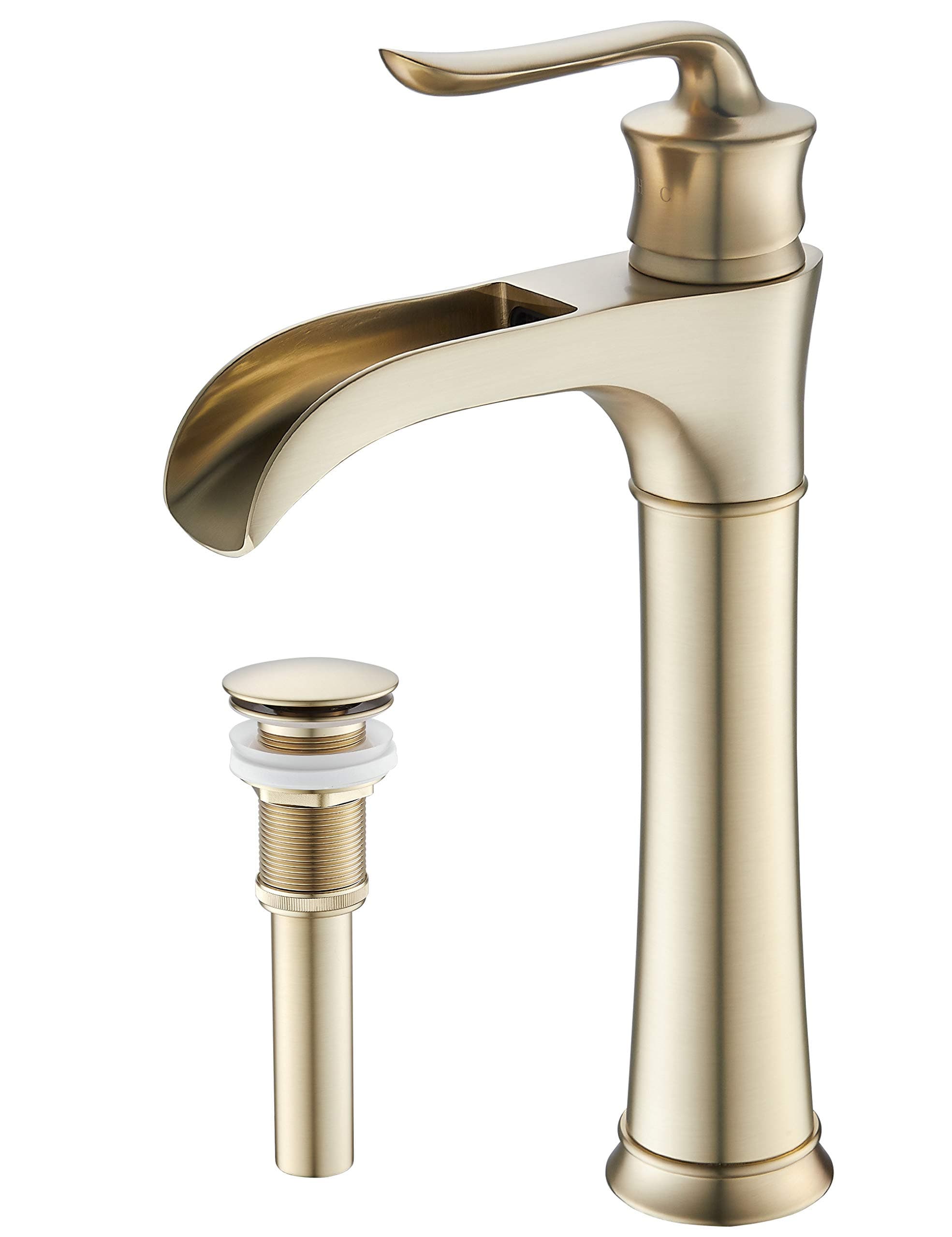 Vessel Sink Faucet Gold, Waterfall Single Hole Bathroom Faucet with Drain Set Combo, Brushed Gold SH8012BG