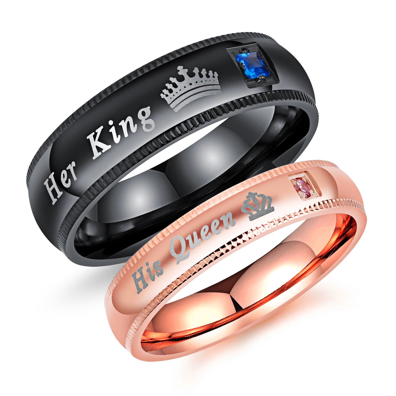 2pcs Black & Rose Gold Plated Stainless Steel Couple Rings With Cubic Zirconia Wedding Band For Men Women