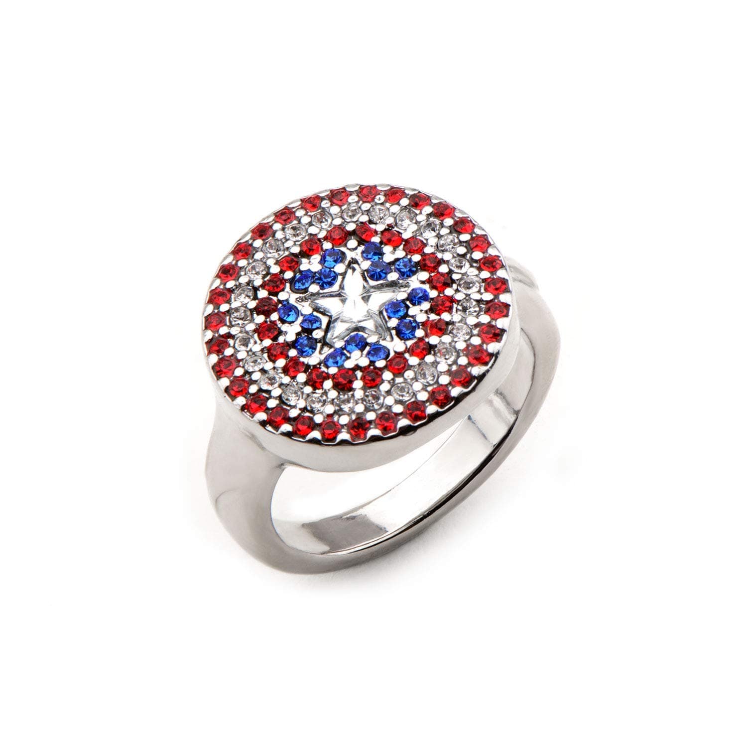 Officially Licensed Original Artwork Captain America Logo Bling - Stainless Steel Premium Quality Womens Ring