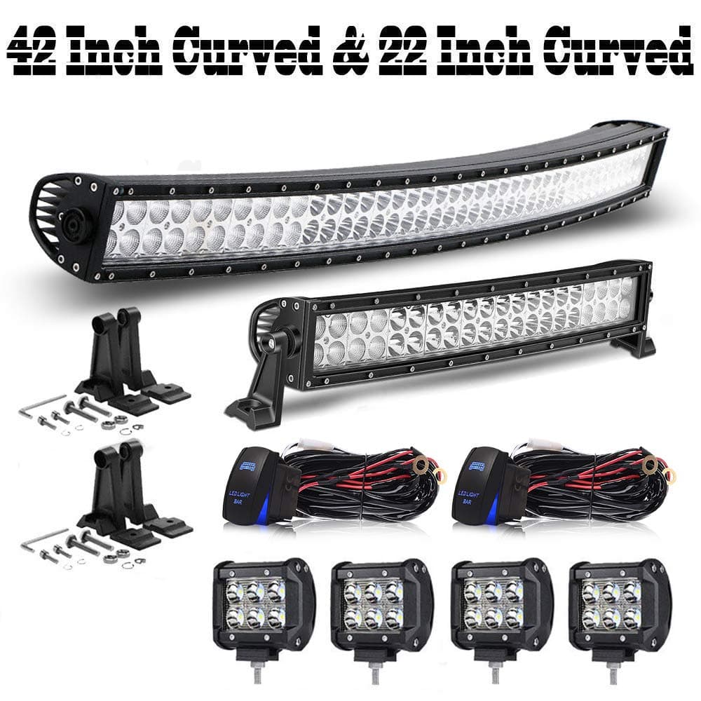 AUSI Led Light Bar Curved 42Inch 240W Offroad Led Bar + 22Inch Curved Spot Flood Combo Light Bar + 4PCS 4" Led Pod Fog Lights For Jeep Truck Ford Chevy SUV Cars
