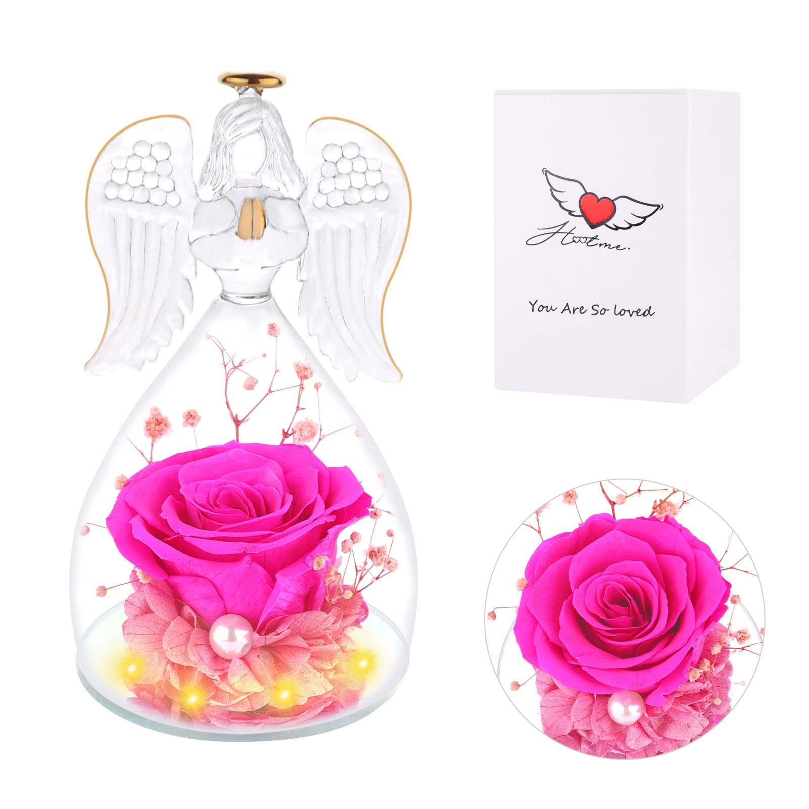Angel Rose Figurine Gift for Valentines Day/Mother's Day, Mom's Gift from Daughter/Son, Birthday Gift for Mom/Grandma/Wife, Preserved Real Rose Glass Angel Gifts for Women, Friends