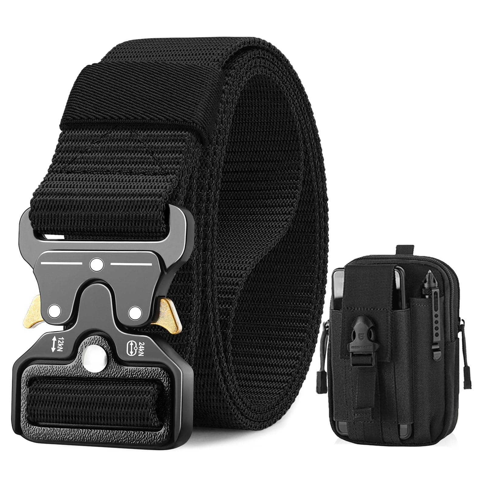 BESTKEEMen Tactical Belt 1.5 Inch Heavy Duty Belt, Nylon Military Belt with Quick-Release Metal Buckle, Gift with Tactical Molle Pouch and Hook
