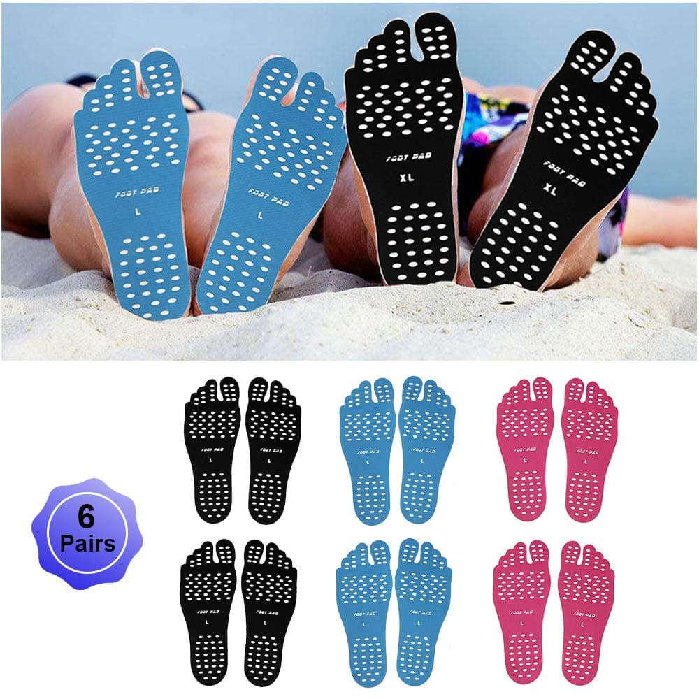 Beach Foot Pads Barefoot Adhesive Invisible Shoes Stick on Foot Pad Stickers Stick on Soles Anti-Slip Waterproof Silicone Unisex Footing Pad For Surfing Swimming 6 Pack Black Blue Rose 7-9.5 Size