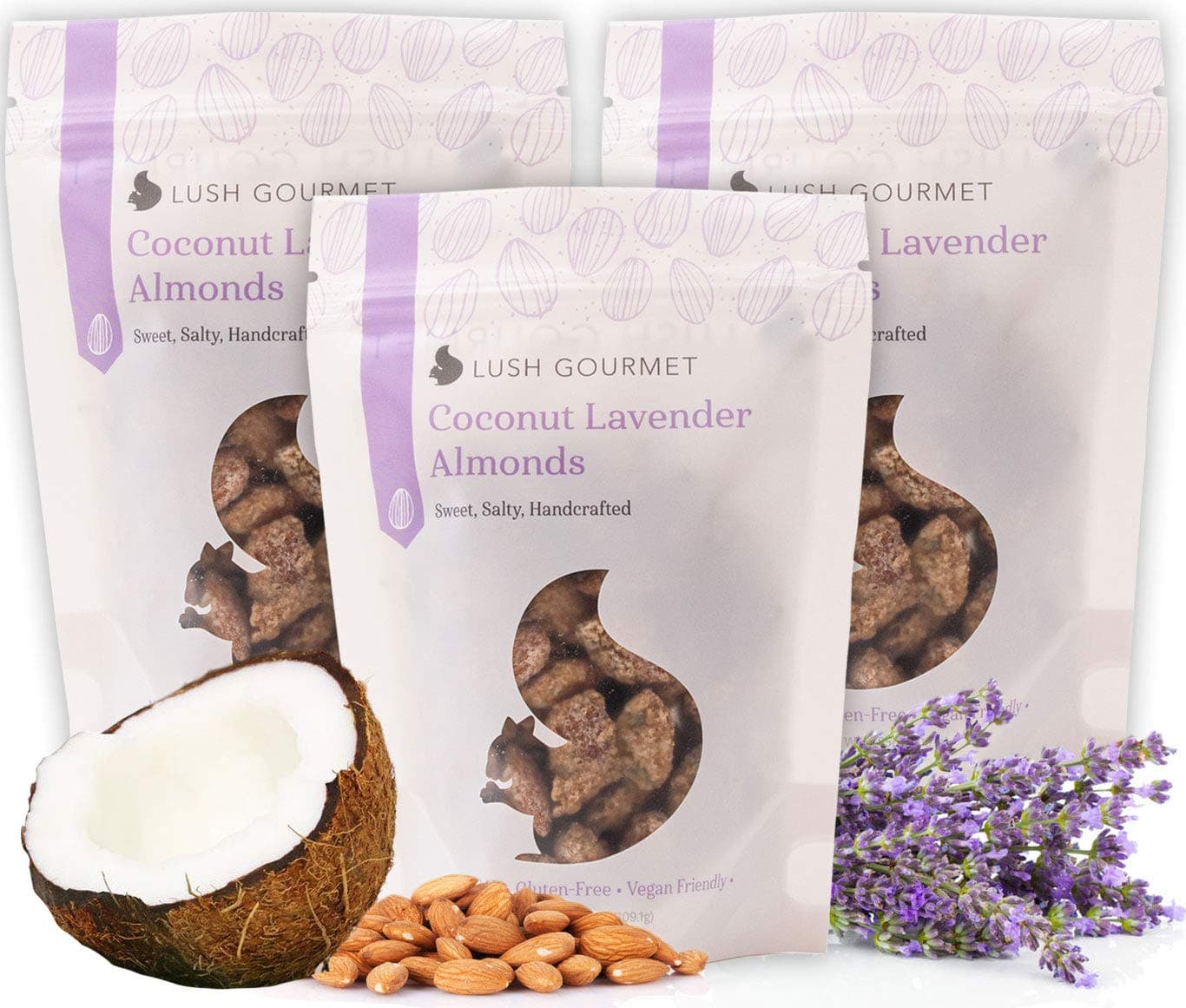 Lush Gourmet Coconut Lavender Almonds - Salted Almonds with Pure Coconut, Lavender, Cane Sugar - Healthy Snacks Free of Cholesterol, Soy & Gluten - Vegan Almond Treats - Pack of 11.5 oz