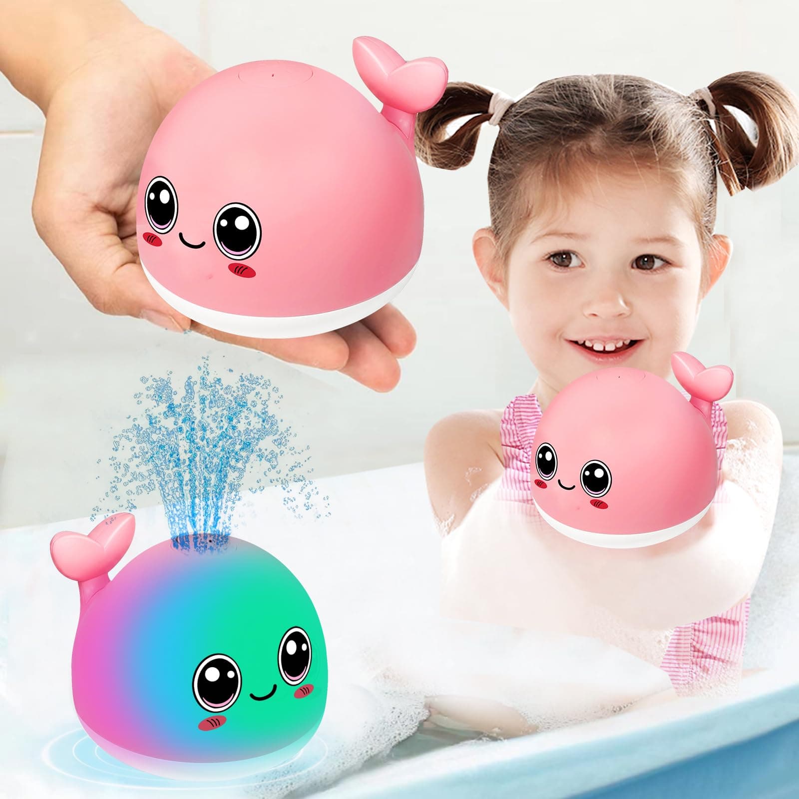 TFS TOP·FANS Bath Toy Baby Girl Gift: Pink Whale for 6-12 Months Old Infant Girl Light Up Fountain Bathtub Water Toys 3 4 5 7 8 9 10 15 Birthday Shower Gifts 18-24 Newborn Essentials Stuff Accessories