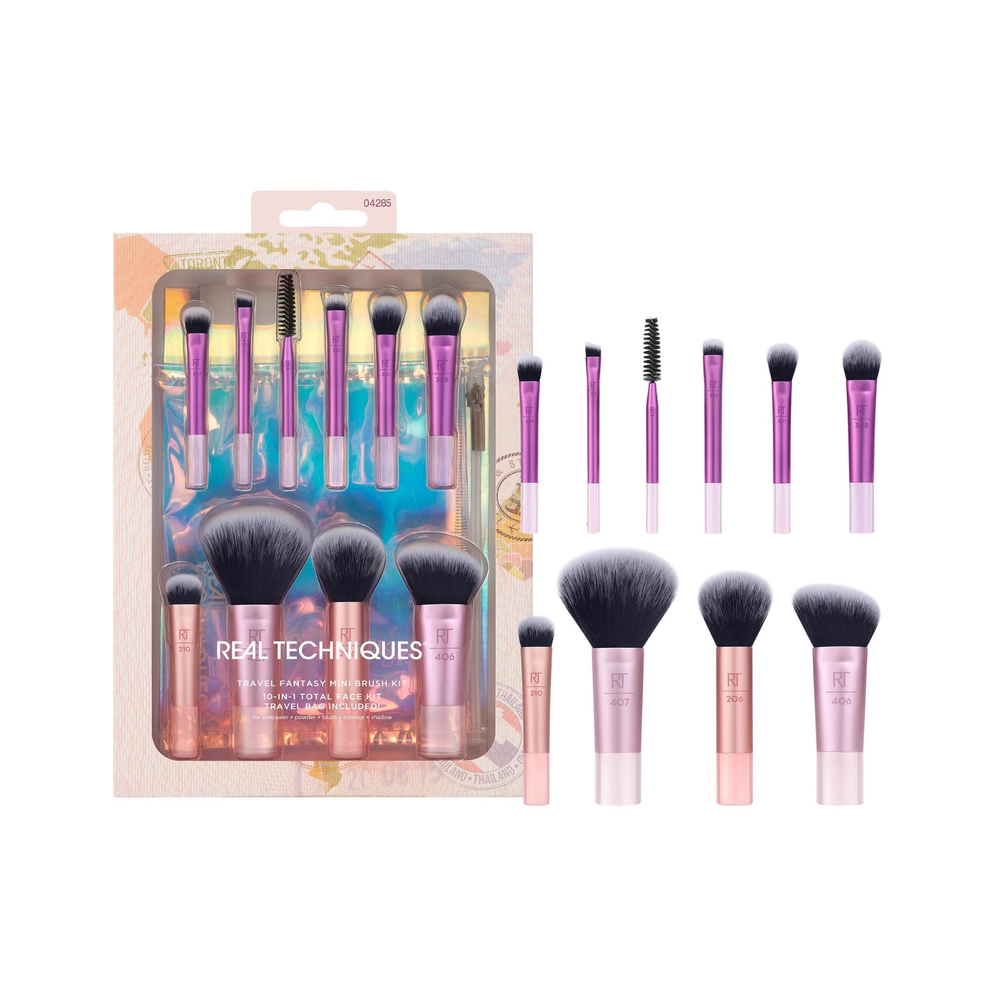 Travel Fantasy Mini Brush Kit, Makeup Brushes For Eyeshadow, Highlight, Contour, Powder, and Concealer, Travel-Sized Brushes and Cosmetic Bag, Synthetic Bristles, 11 Piece Set