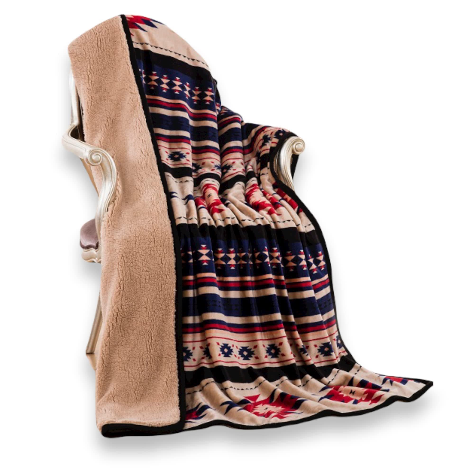 Southwest Design Sherpa Lined Throw Blanket 50"x 60" (Blue_Beige)