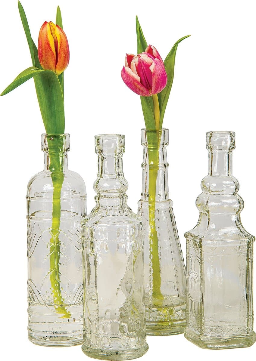 Luna Bazaar Small Vintage Glass Bottle Set (7-Inch, Dakota Design, Clear, Set of 4) - Flower Bud Vase Set - for Home Decor, Party Decorations, and Wedding Centerpieces