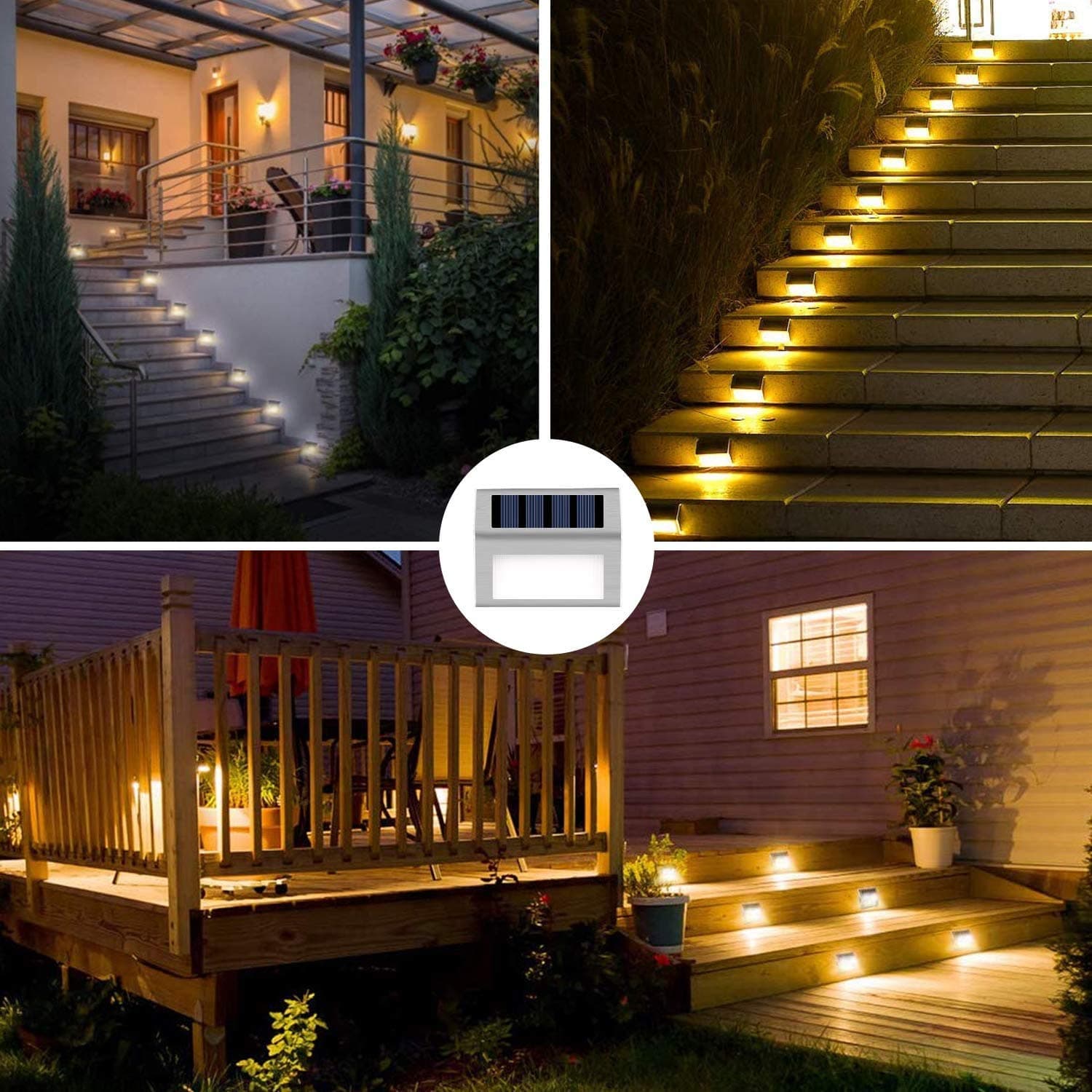 Otdair Solar Deck Lights, 3 LED Solar Step Lights Outdoor Auto On/Off Stainless Steel Solar Stair Lights Waterproof Wireless Solar Powered Lights for Fence Patio Garden Pathway - White 8 Pack