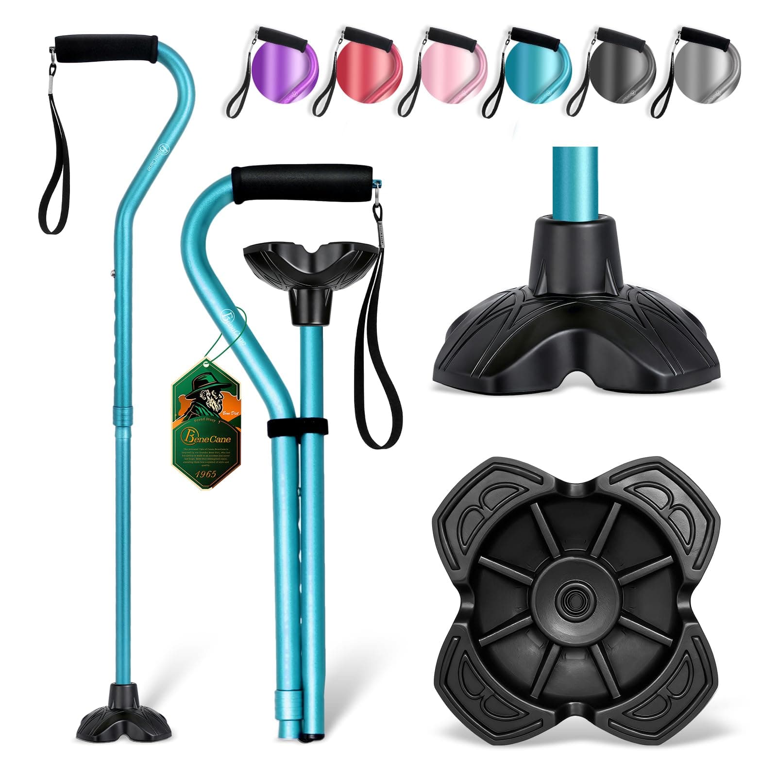 BeneCane Walking Cane Adjustable Cane with Offset Soft Cushioned Handle for Men & Women Lightweight Comfortable Extra Stability Base Mobility Aid for Men Women and Seniors