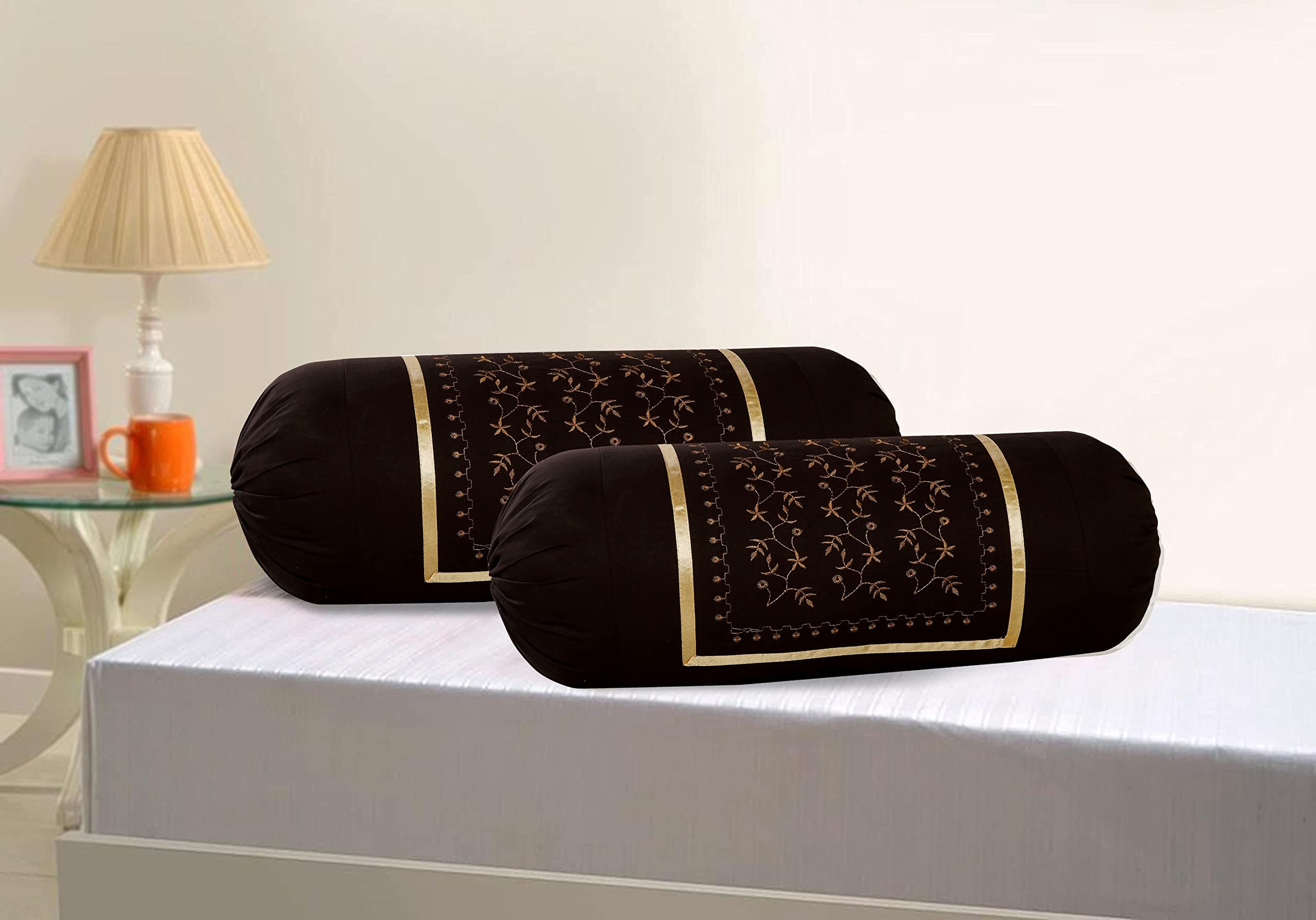 Cotton Bale Embroidery Bolsters Covers Pack of 2 Piece (Brown_Coffee)