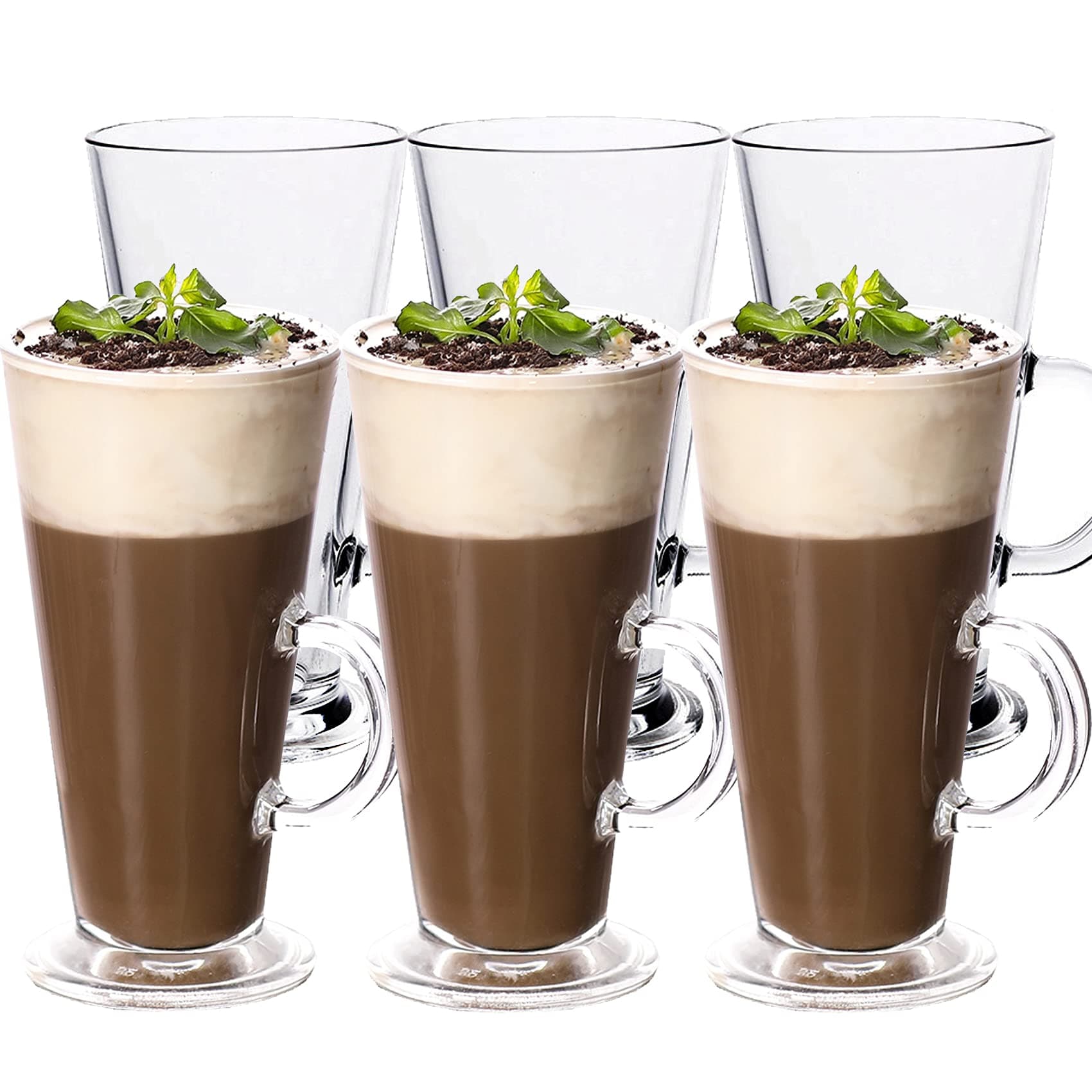 WUWEOT 6 Pack Irish Coffee Mugs Tall Glass, 9 OZ Clear Glass Latte Cups, Cappuccino and Hot Chocolate Mugs with Convenient Handle for Coffee, Tea, Water, Juice, Beer, Milk Hot And Cold Drinks