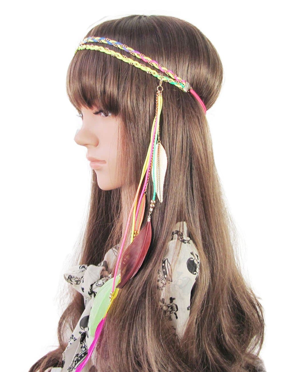 Headband Feather Women Girls Stretchy Braided Leaf Bead Hair Tassels Clothes