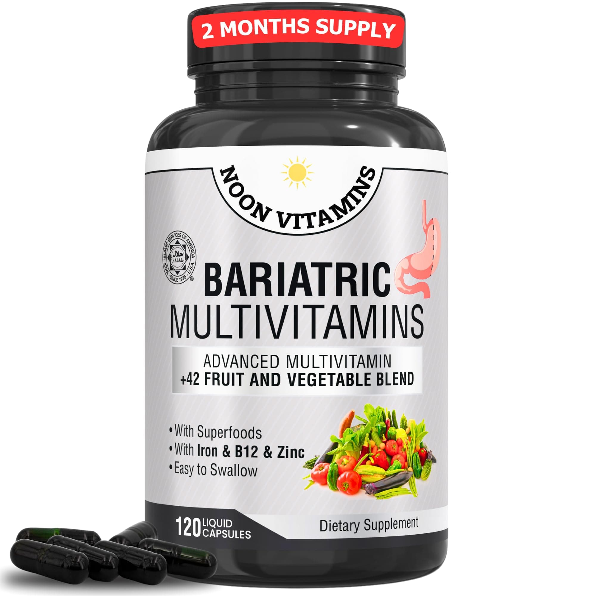 Bariatric Multivitamin with Iron for Women & Men - All-in-One 42 Superfood Blend for Energy & Immune Support - Post-Surgery Recovery, Easy-to-Swallow, Halal, Made in USA (120 Liquid Capsules)