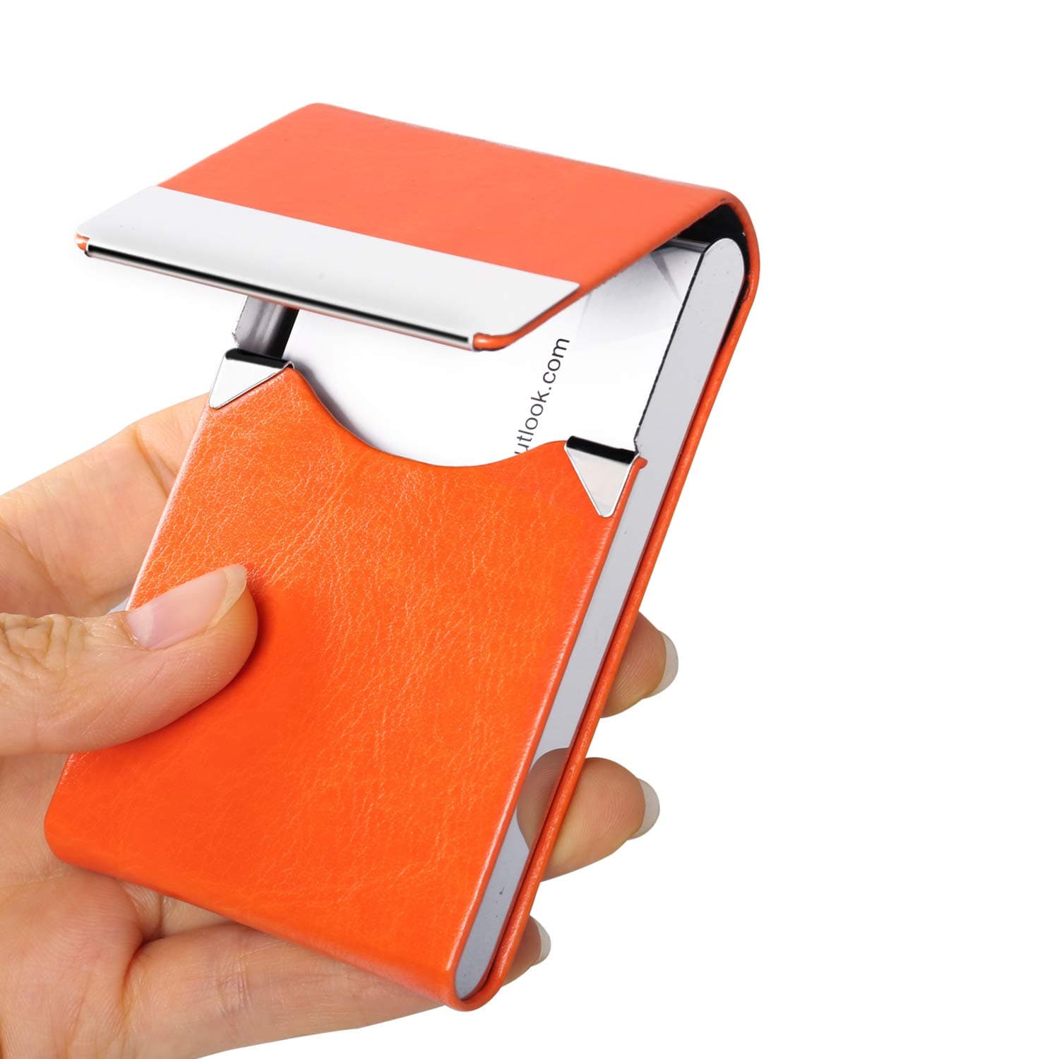 JuneLsy Business Card Holder Case - Professional PU Leather Business Card Case Metal Name Card Holder Pocket Business Card Carrier for Men & Women with Magnetic Shut (S-orange)