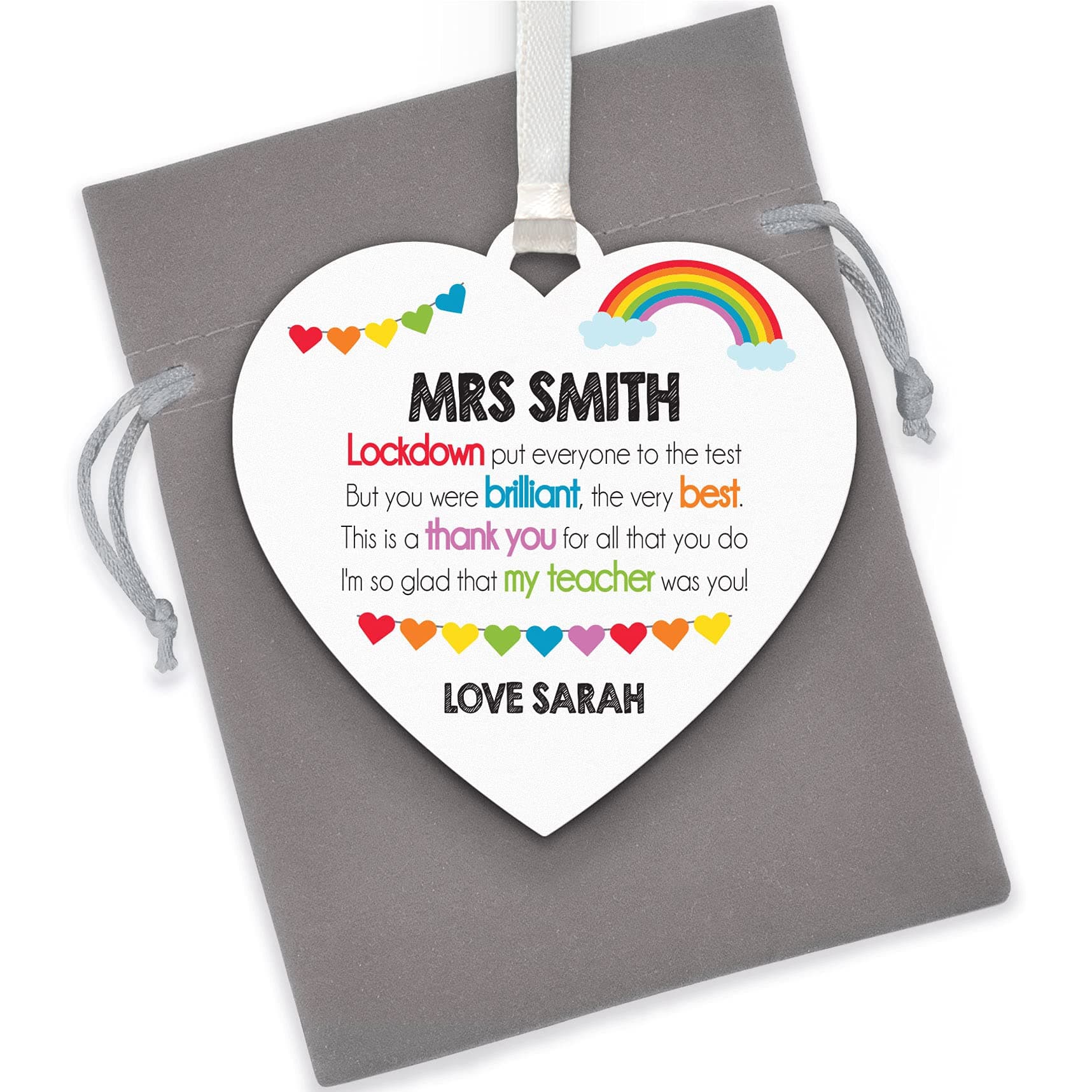 Lockdown Teacher Gifts - PERSONALISED Rainbow Teacher Thank You Gifts - Lockdown Gifts for Teaching Assistant, Key Worker - Rainbow Teacher Thank You - Lockdown Teacher Appreciation - With Grey Bag