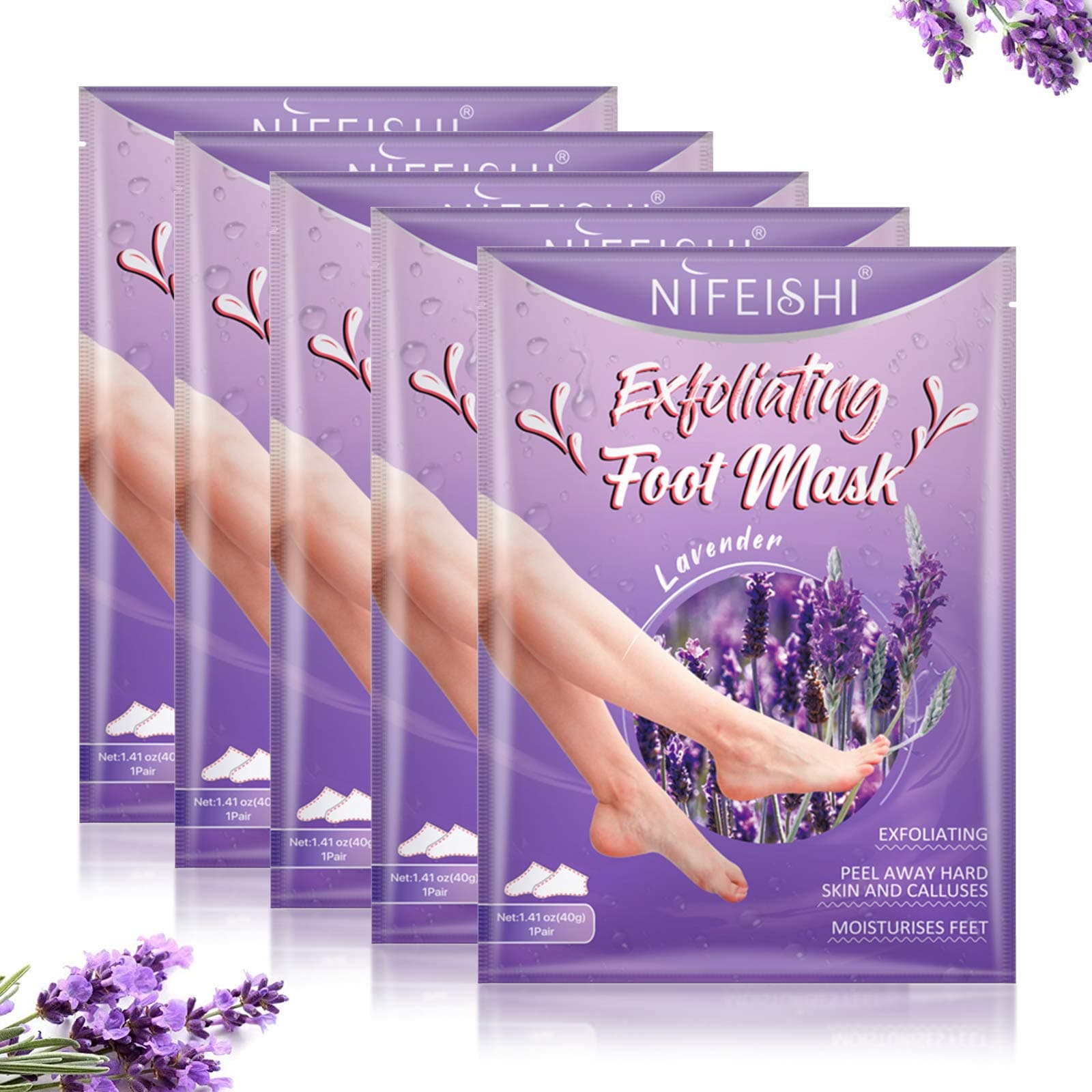 Foot Peel Mask, (5Pack) Exfoliating Feet Peeling Masks Off Callus Dead Skin, Repair Rough Heels in 1-2 Weeks, Smooth Touch Baby Soft Feet for Men & Women(Lavender)