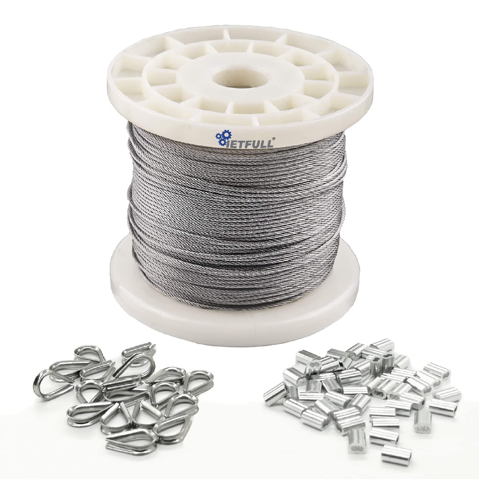 1/16 Wire Rope, 1/16 in. x328 ft. Aircraft Cable, 304 Stainless Steel Cable, 7x7 368 lbs Breaking Strength Steel Wire with 50pcs Thimbles and 50pcs Crimping Sleeves, Clothesline Trellis Wires
