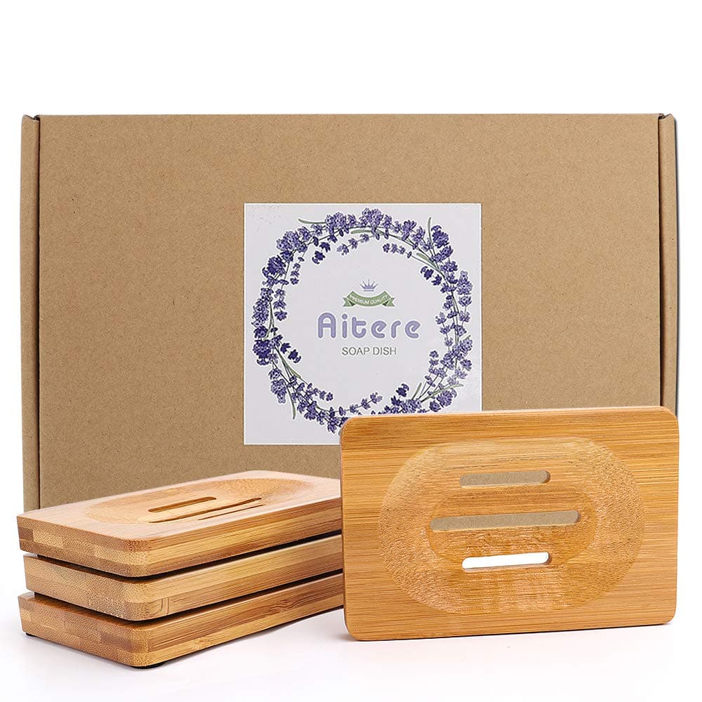 Aitere 4Pcs Natural Bamboo Soap Dish Soap Holder Soap Saver