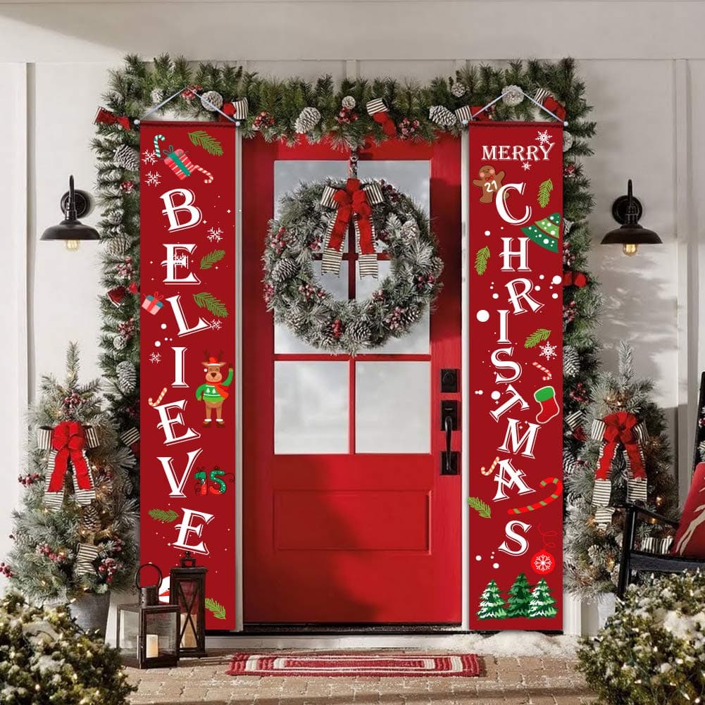 Christmas Decorations Outdoor Indoor,Believe and Merry Christmas Banner,Christmas Porch Sign for Home Wall Door Apartment Party,Durable Christmas Decor