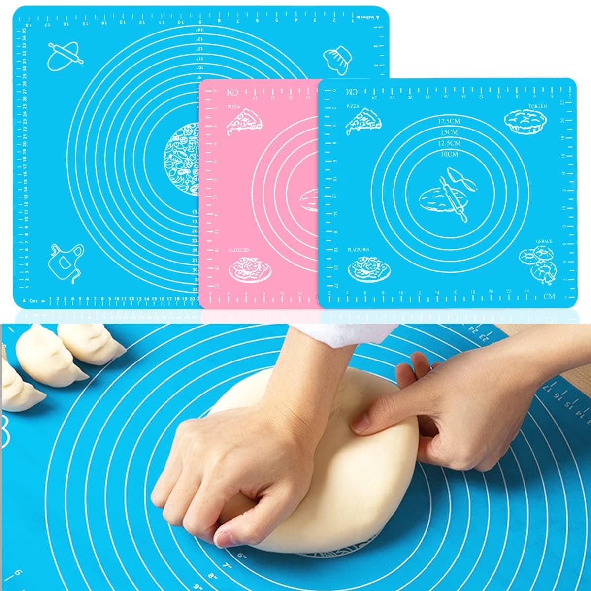 HOSTK 3Pcs Silicone Baking Mat, Non Stick Pastry Mat with Measurements, Reusable Food Grade Silicone Counter Mat for Dough Rolling Mat, Baking Sheet, Macarons, Bread(11.4''*10.2'' ，19.7''*15.7''）