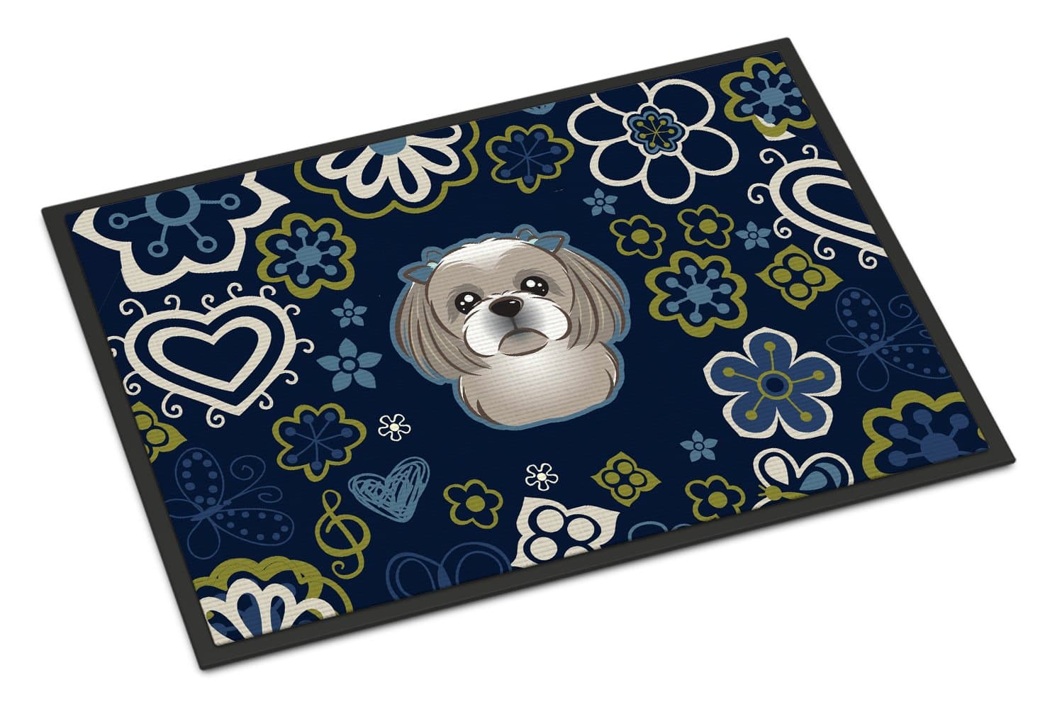 Caroline's Treasures BB5101MAT Blue Flowers Gray Silver Shih Tzu Doormat 18x27 Front Door Mat Indoor Outdoor Rugs for Entryway, Non Slip Washable Low Pile
