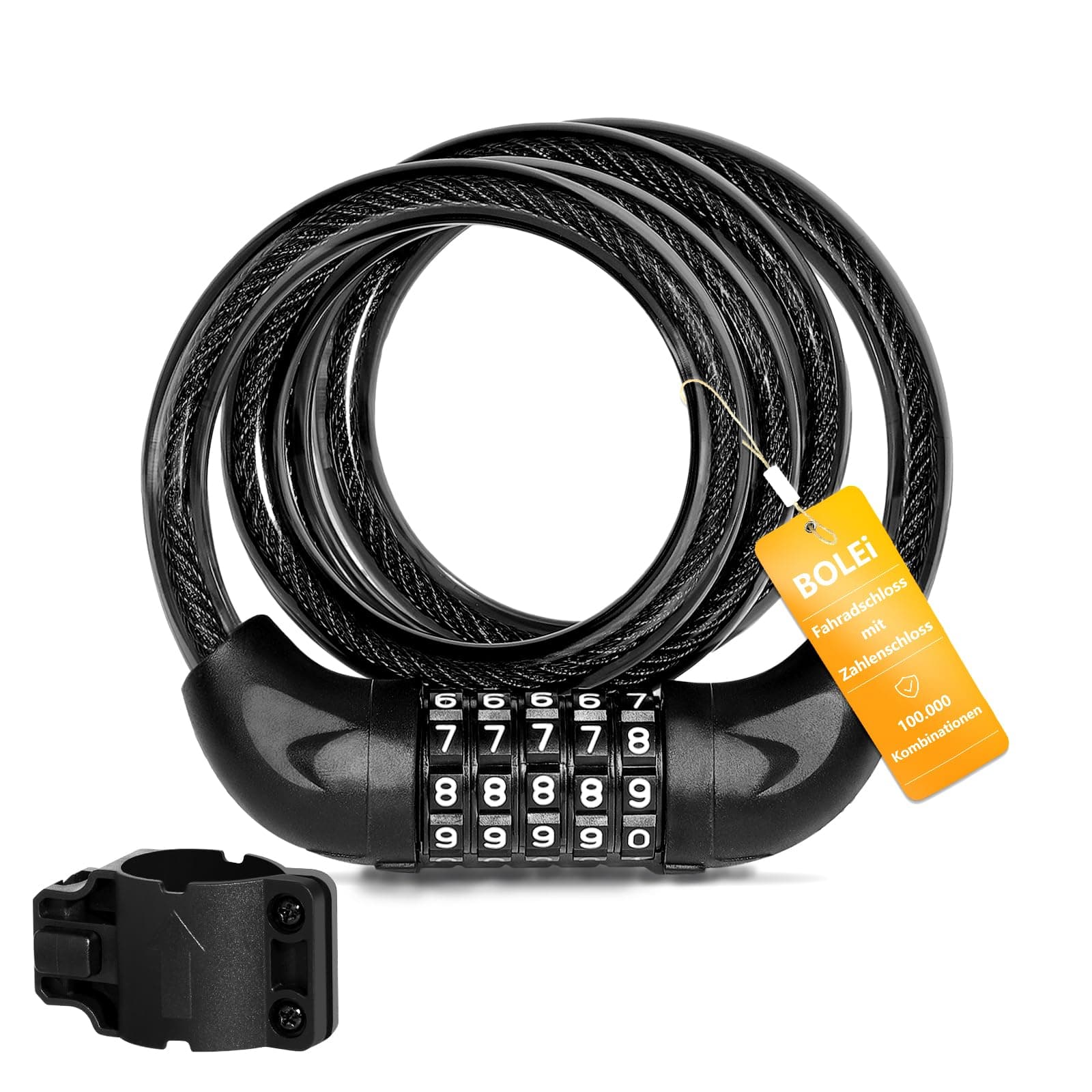 BOLEi Bicycle Lock with Combination Code 12 mm/120 cm I Anti-Theft Bicycle Cable Lock with 5-Digit Code Combination I Waterproof Combination Lock Cable for Bicycle, E-Bike, Pram, Ladders, GrillsCarbonfree Certified