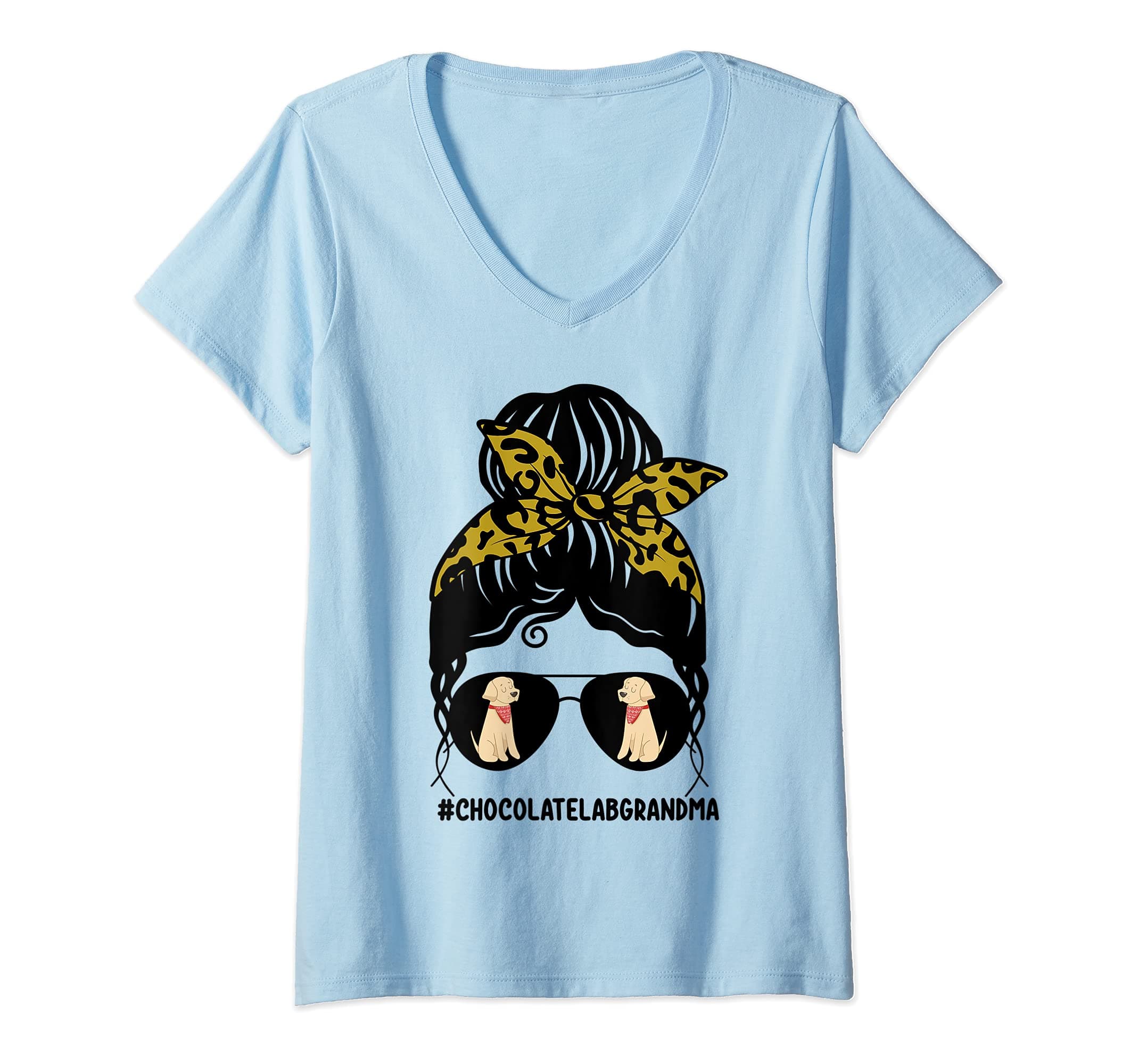 Womens Bleached Chocolate Lab Grandma Life Messy Bun Hair Glasses V-Neck T-Shirt