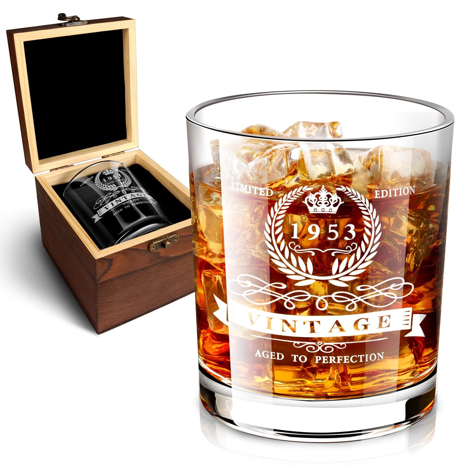 70th Birthday Gifts for Men, Whiskey Glass in Valued Wooden Box, Vintage 1953 Anniversary Etched 12oz Whiskey Rocks Glass for Dad, Husband, Friend, 70th Birthday Decorations for Men