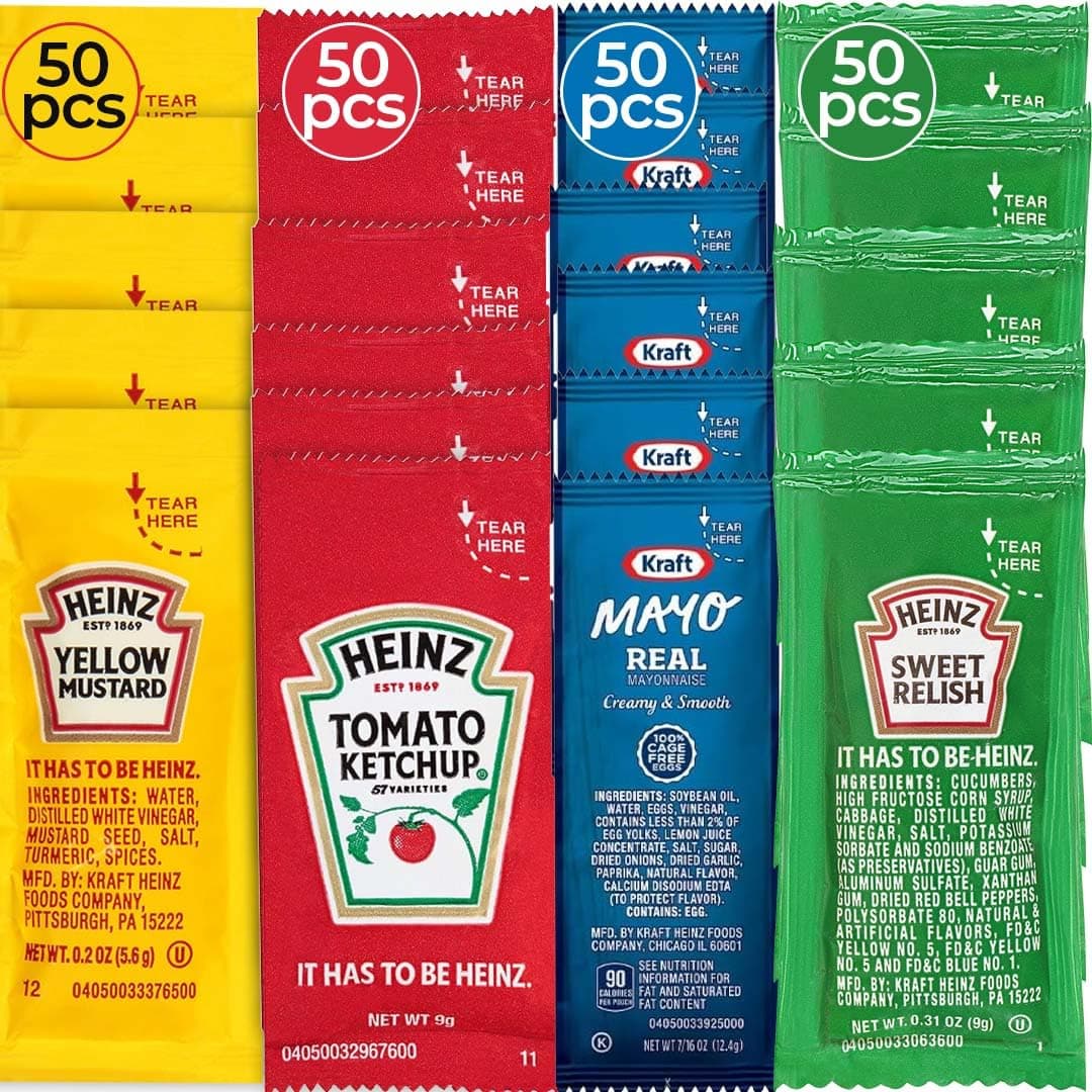 Condiment Packets Variety Pack Bulk Bundle - 200 Individual Condiment Packets for Heinz Lovers, 50 Single Serve Packs of Each: Mayonnaise, Mustard, Sweet Relish and Ketchup Packets - Travel Mini