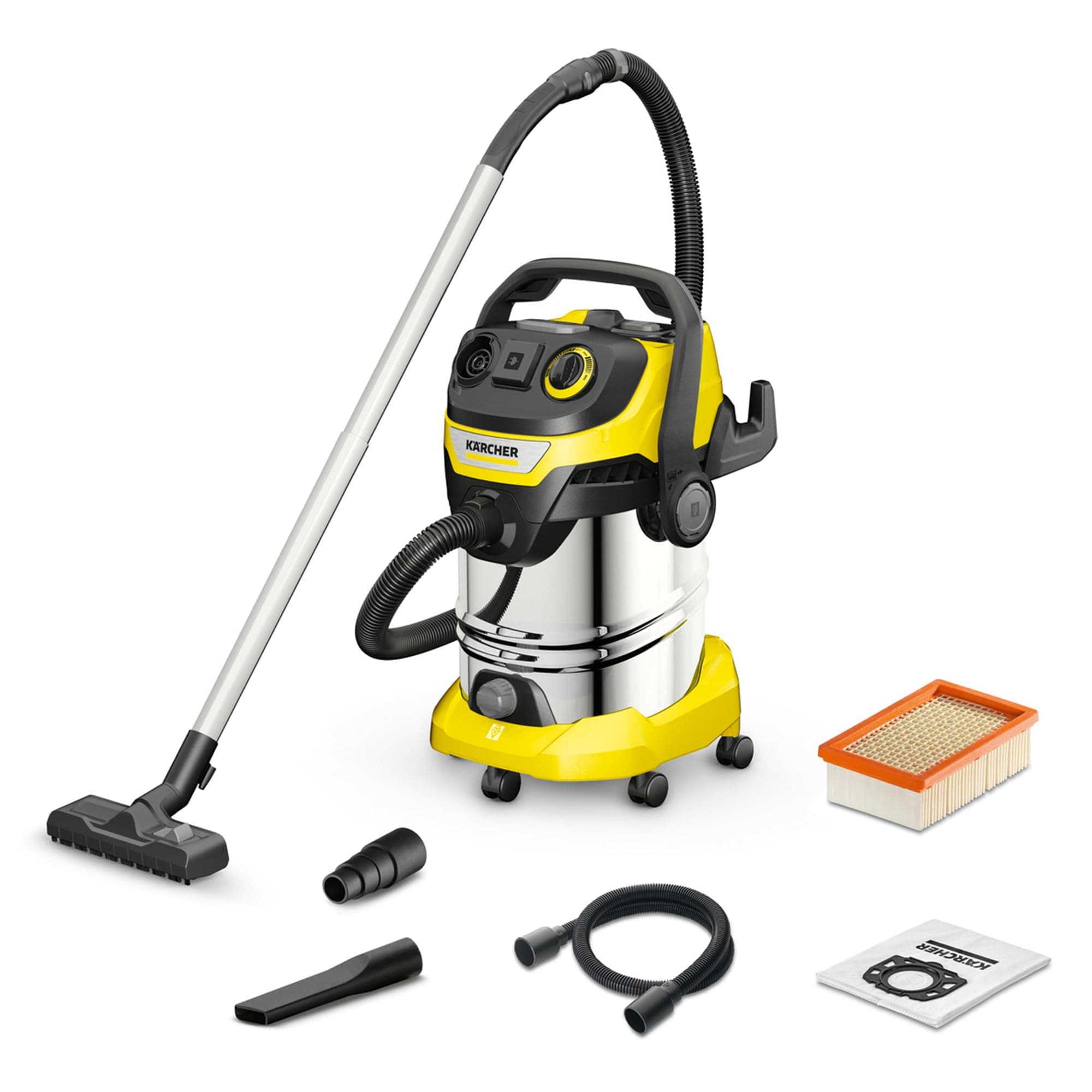 Wet and Dry vacuum cleaner WD 6 P Premium, blower function, 1,300 W, stainless steel container: 30 l, suction hose: 2.2 m, extension hose, power outlet, drain screw, floor and crevice nozzle