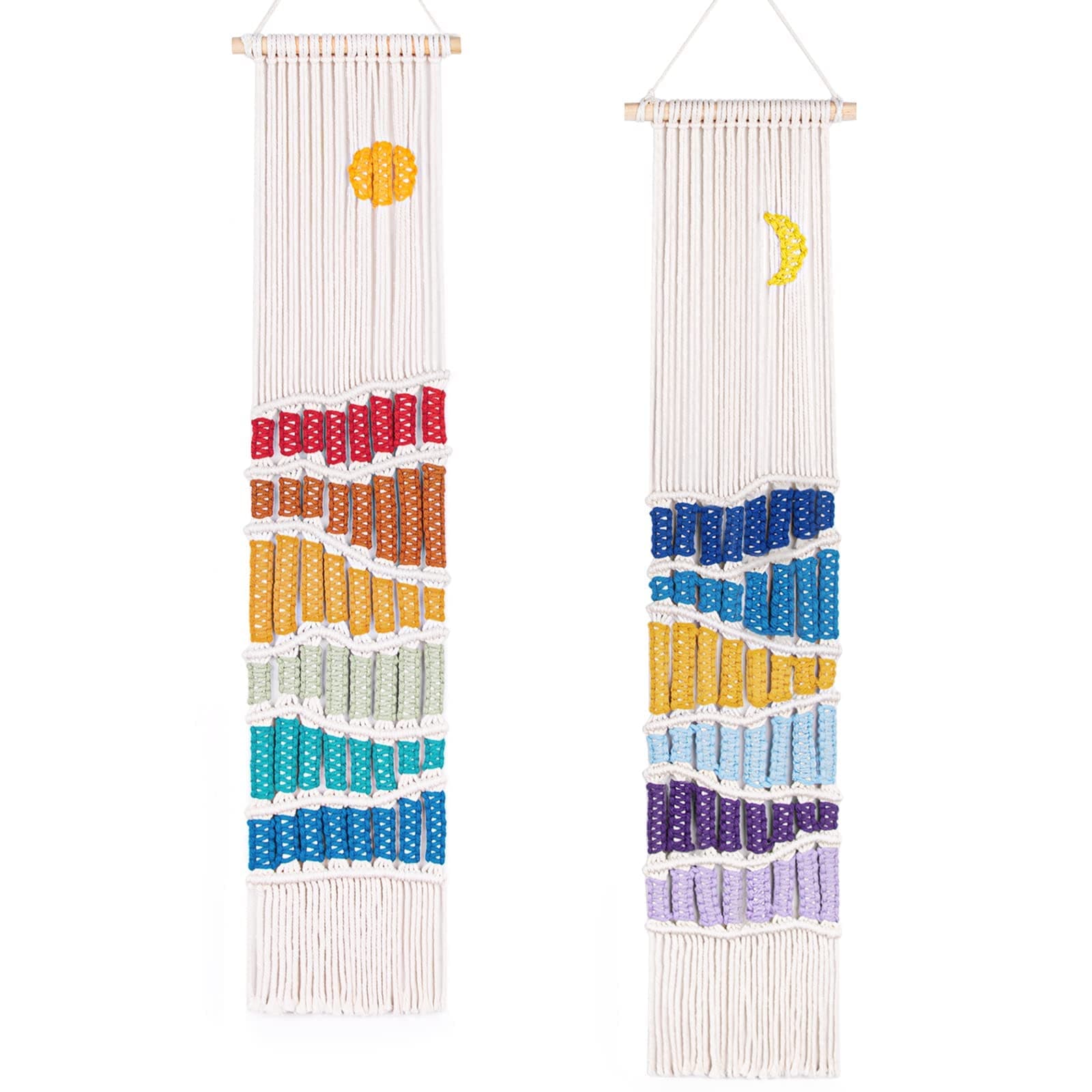 Boho Macrame Wall Hanging Decor Set, 2PCS Southwest Bohemian Handmade Woven Sun&Moon Mountain Geography Tapestry with Long Tassel, Gypsy Rainbow Ornament for Nursery Decoration Girl Christmas Gift