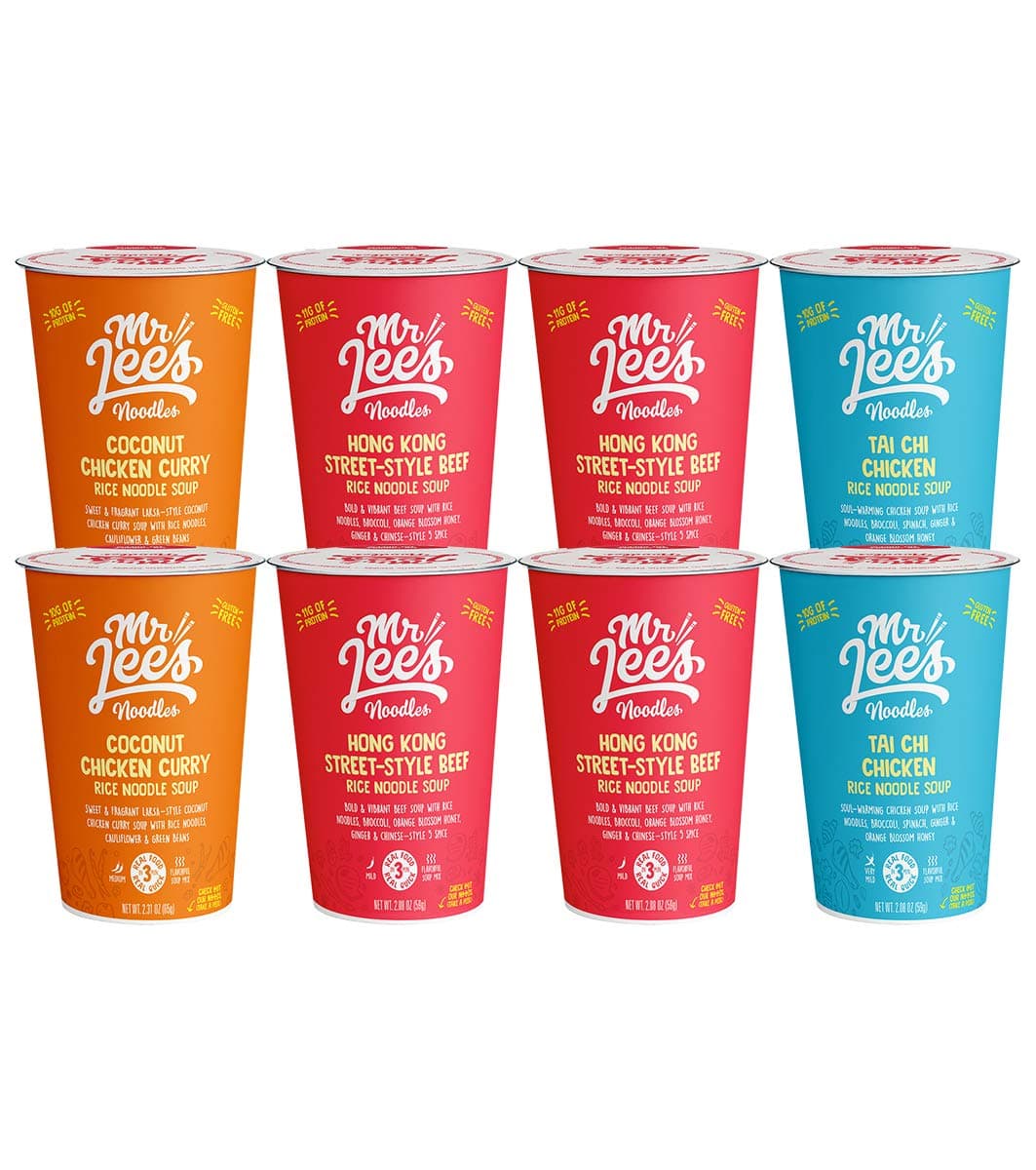 Mr Lee's Instant Cup Noodles, Gluten Free Rice Ramen Noodles, Meat Lovers Box of 3 Flavors (4 Hong-Kong Street Style Beef, 2 Coconut Chicken Curry & Tai Chi Chicken). Bulk box of 8.…