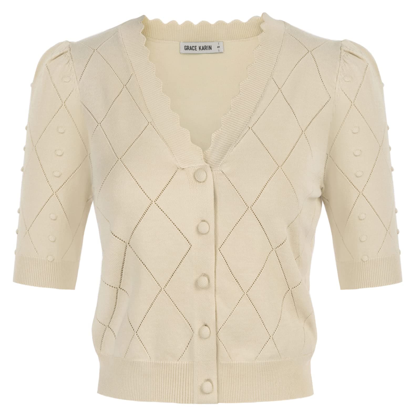 GRACE KARINWomens Cropped Cardigan Puff Short Sleeve Sweaters Tops V-Neck Button Knitwear